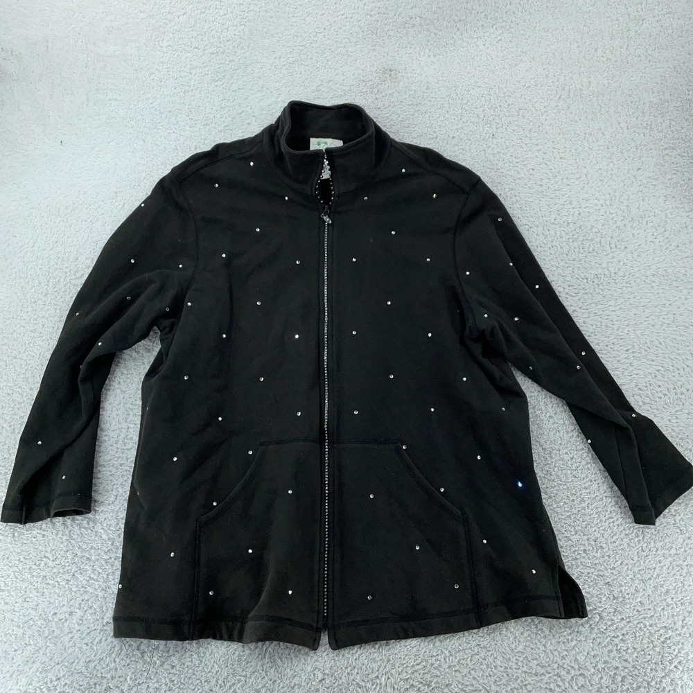 Quacker Factory Jacket Womens 1X Black Rhinestone Zip Front Pockets Mock Neck
